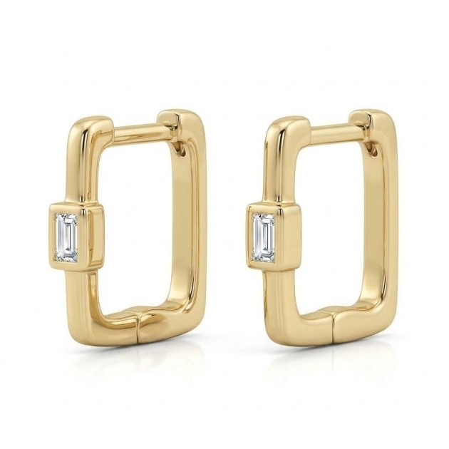14K Yellow Gold Baguette Diamond Square Huggie Hoop Earrings